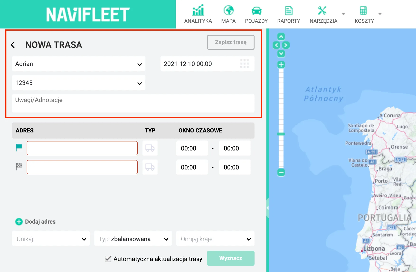 Planning a one-off route – screenshot of the Navifleet app