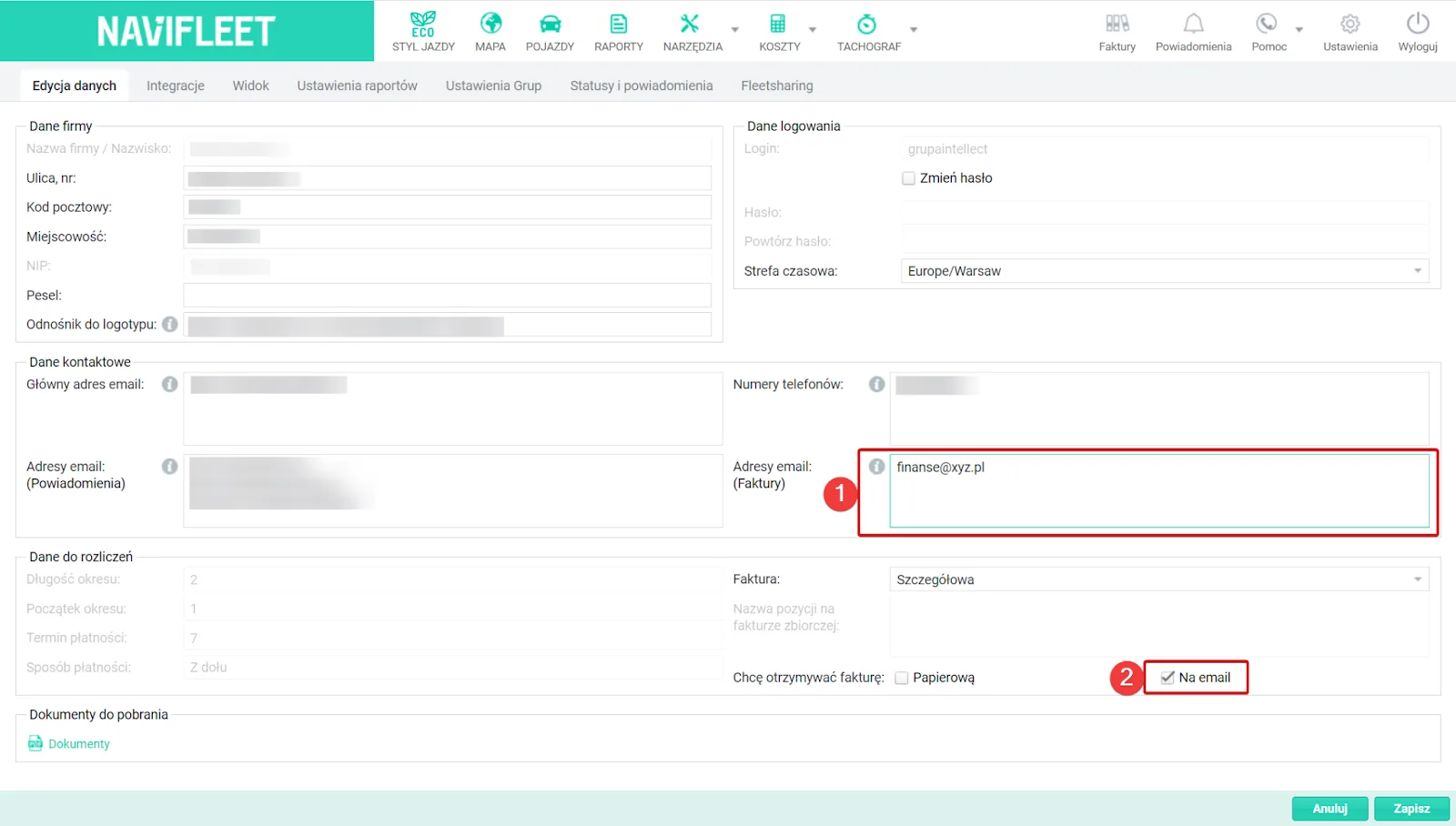 Changing the invoice type in the Navifleet app – screenshot