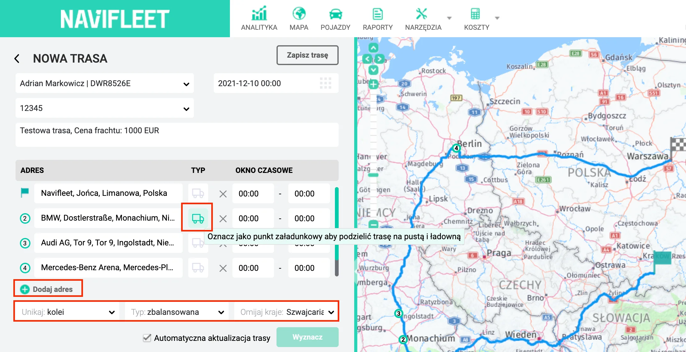 Planning a one-off route – screenshot of the Navifleet app