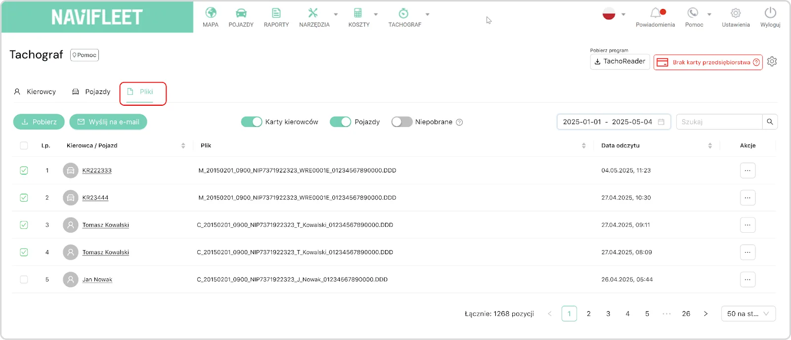 Additional download management options – screenshot of the Navifleet app
