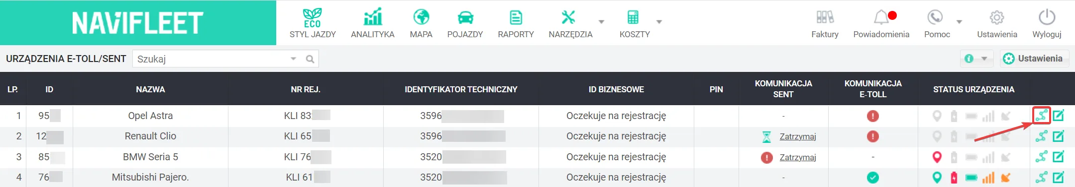 How to check the history of routes sent to the e-TOLL system? – screenshot of the Navifleet app