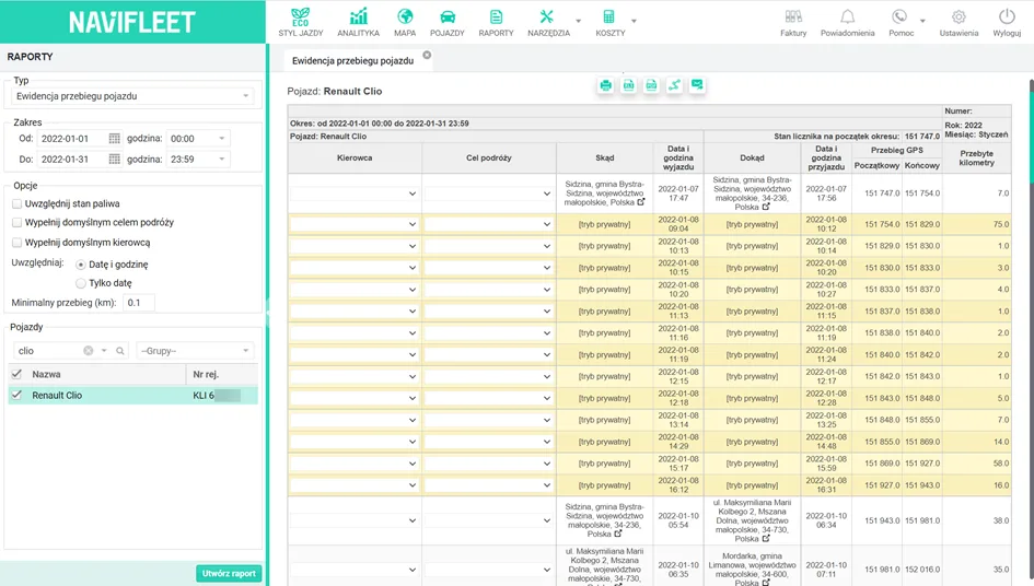 Private mode in the Mileage record report – screenshot of the Navifleet app
