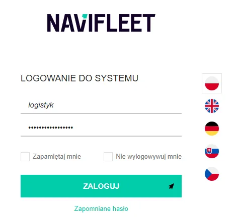 Logging in to the Navifleet app – screenshot