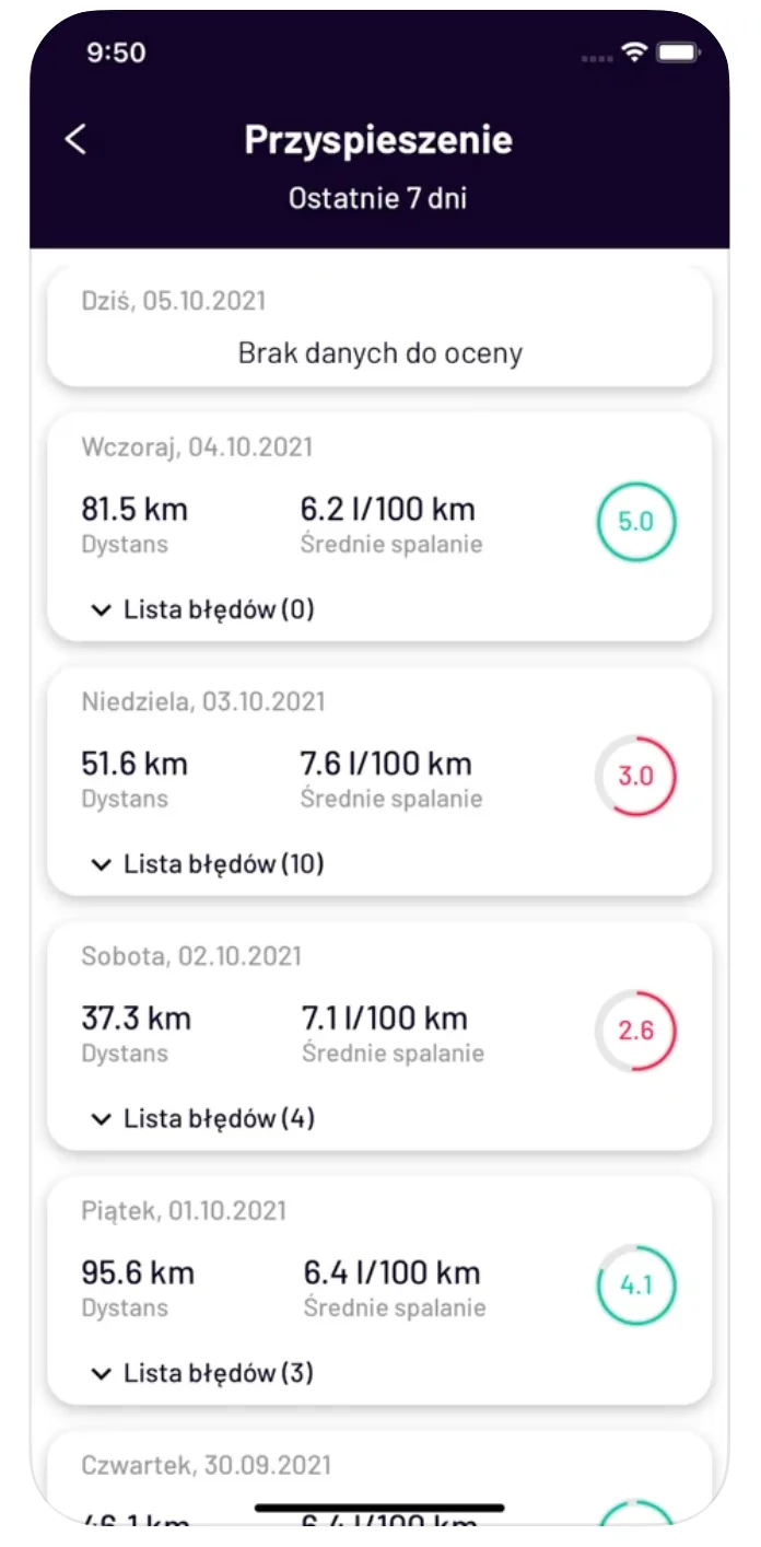 Driving style rating in the Navifleet Driver app – screenshot