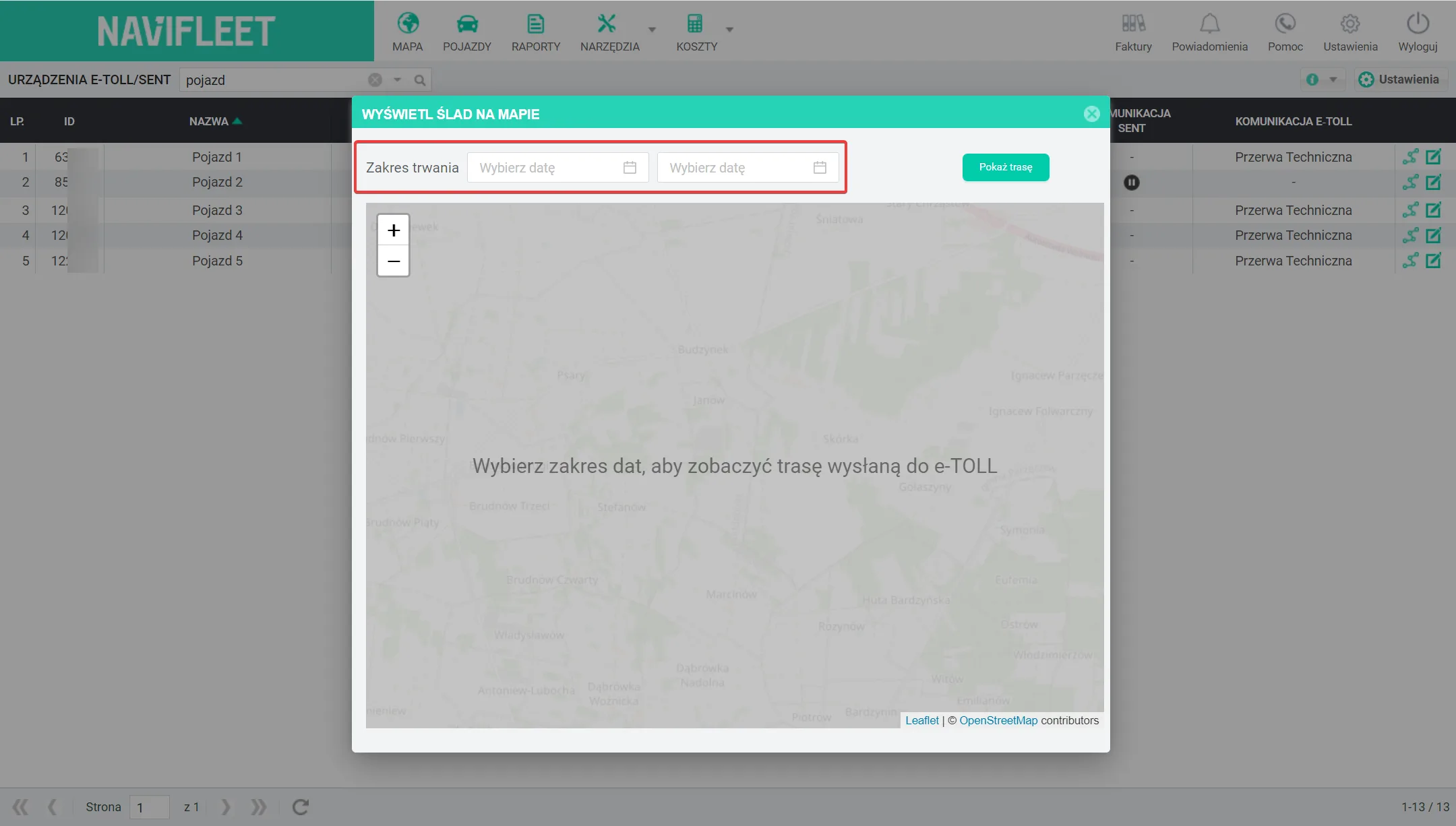 How to check the history of routes sent to the e-TOLL system? – screenshot of the Navifleet app