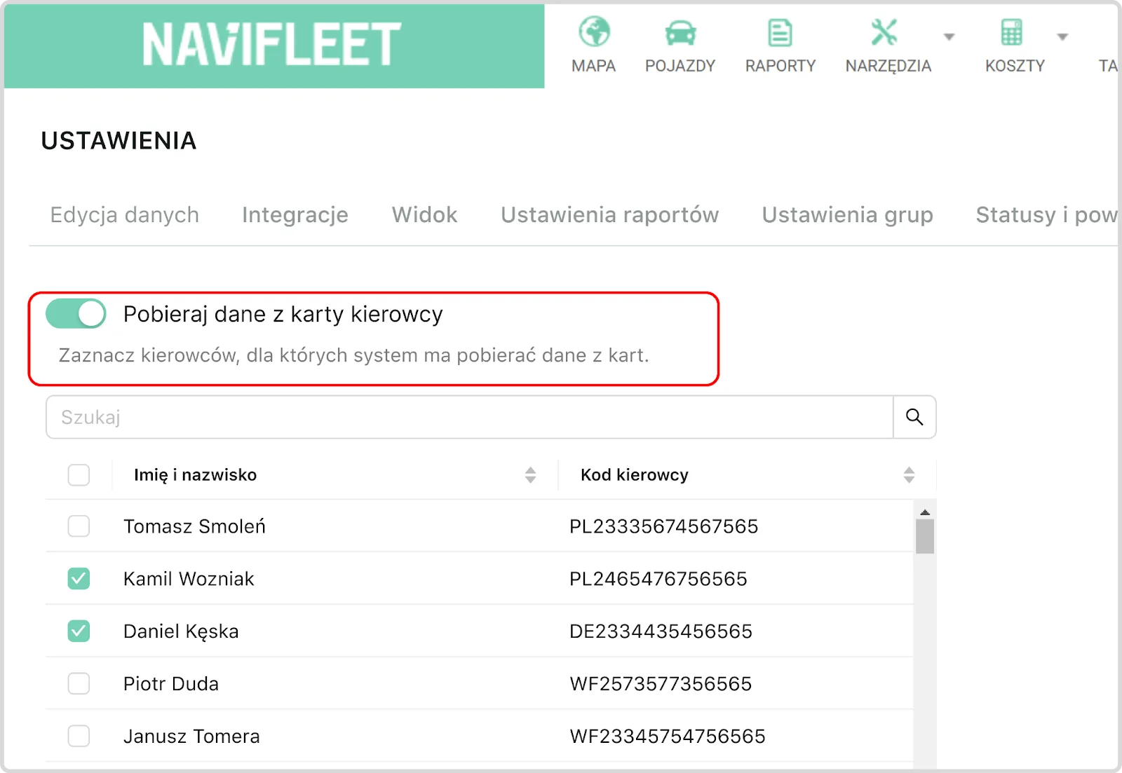 Downloading data from the driver card – screenshot of the Navifleet app