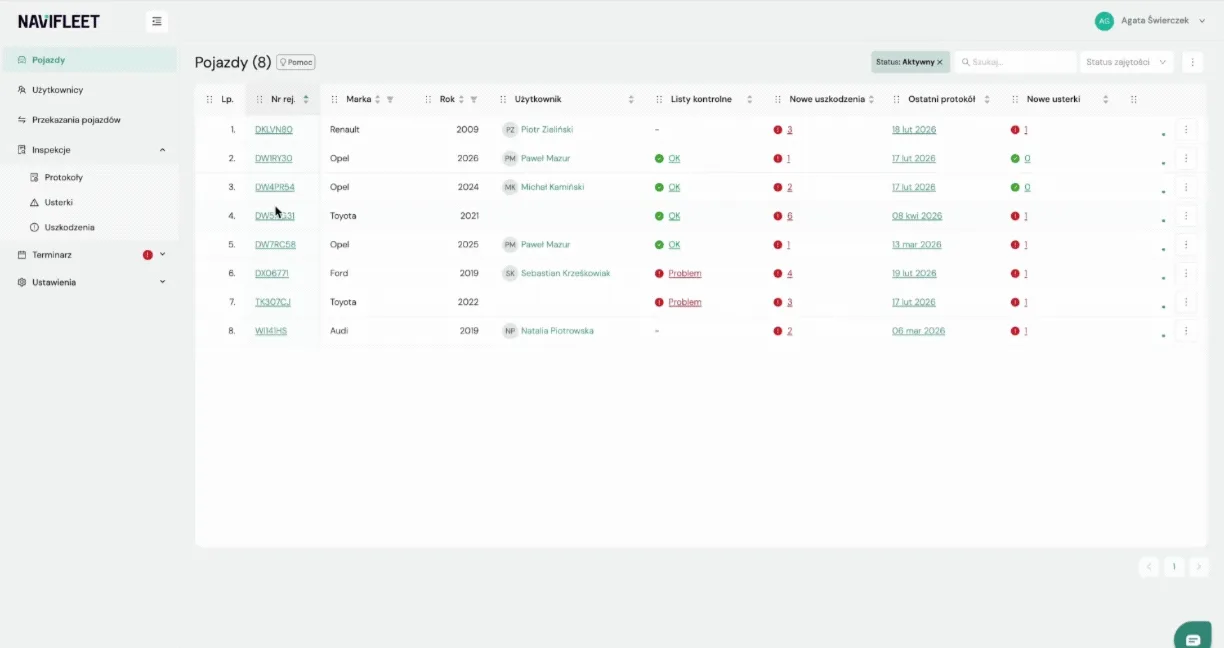 Exporting the damage list – screenshot of the Navifleet app