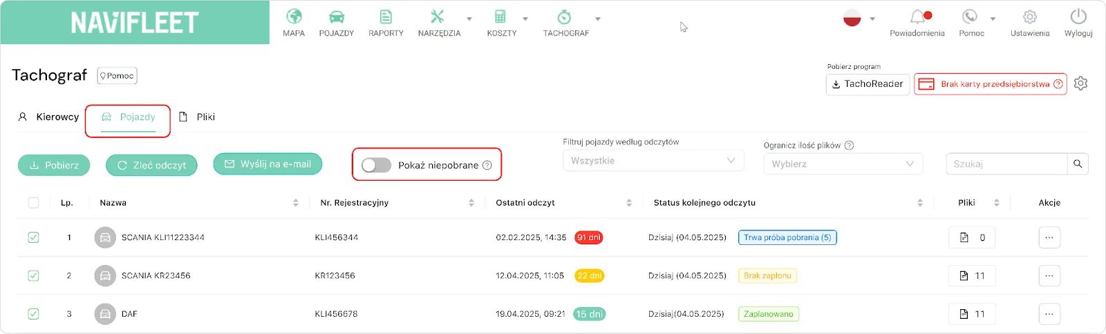 Available filters: – screenshot of the Navifleet app