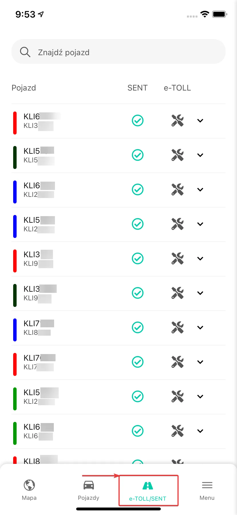 How to activate and control communication with the SENT system in the Navifleet mobile app? – screenshot