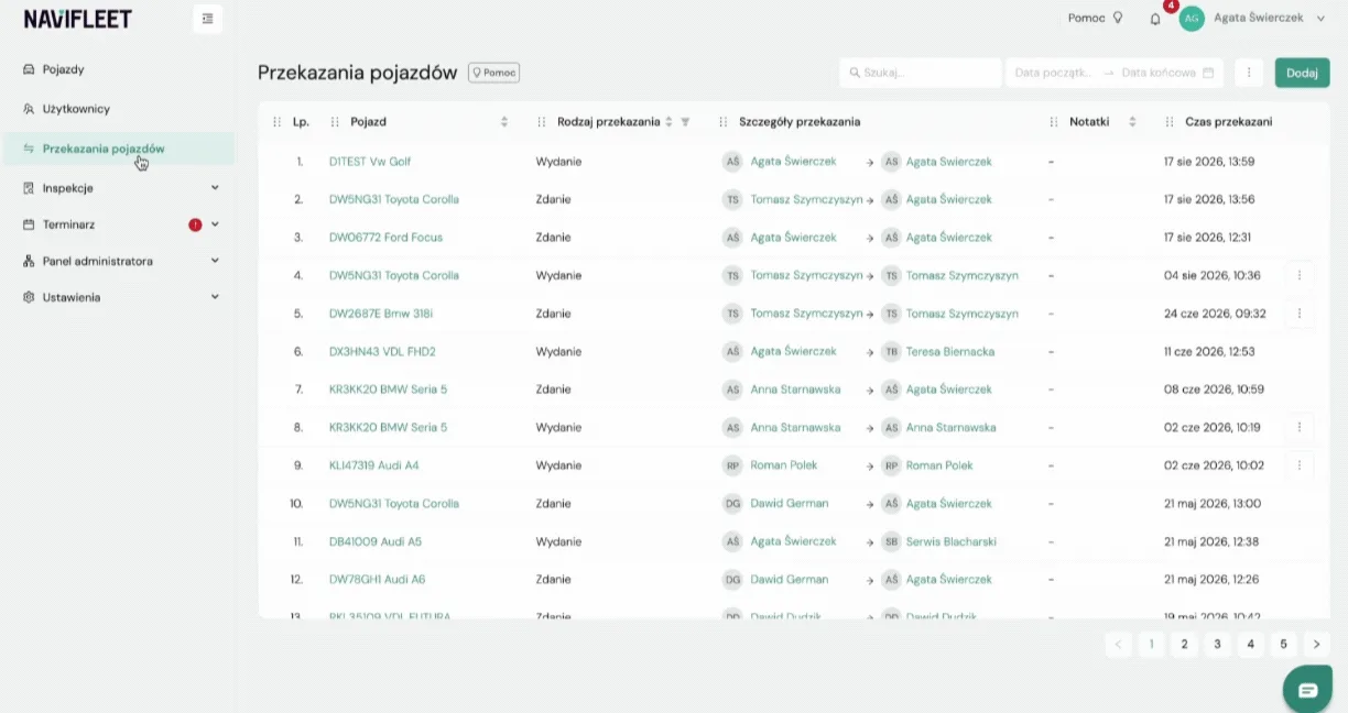 Quick access to handover reports and custody agreements – screenshot of the Navifleet app