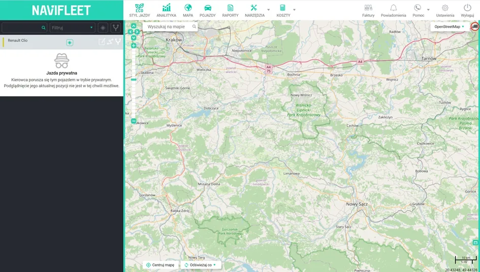 Current position in private mode – screenshot of the Navifleet app