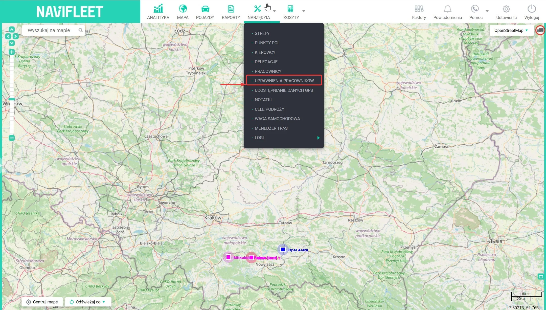 Creating permission groups – screenshot of the Navifleet app