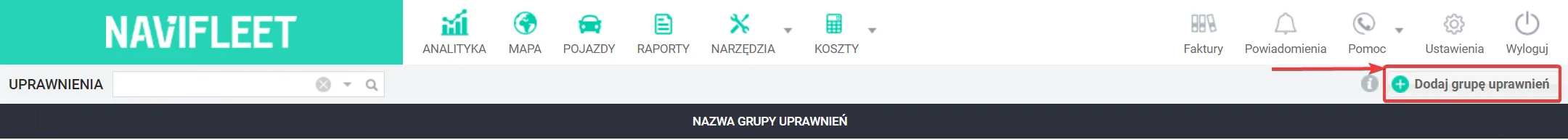 Creating permission groups – screenshot of the Navifleet app