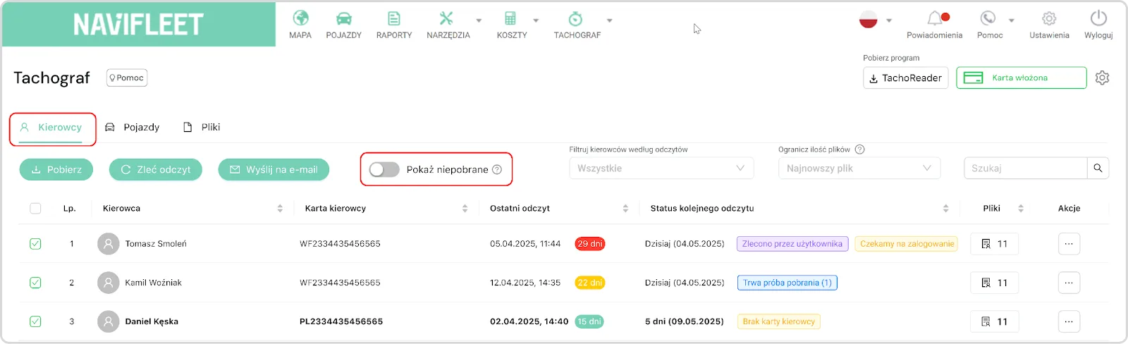 Available filters: – screenshot of the Navifleet app