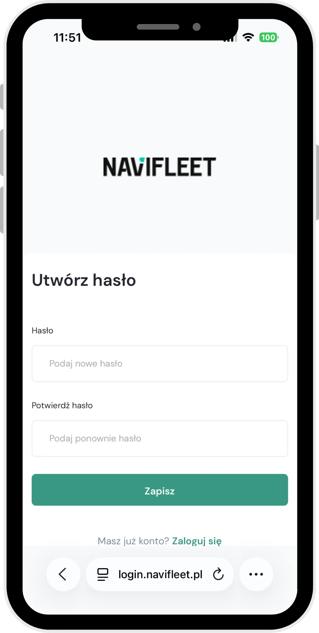 Setting a new password – screenshot of the Navifleet app