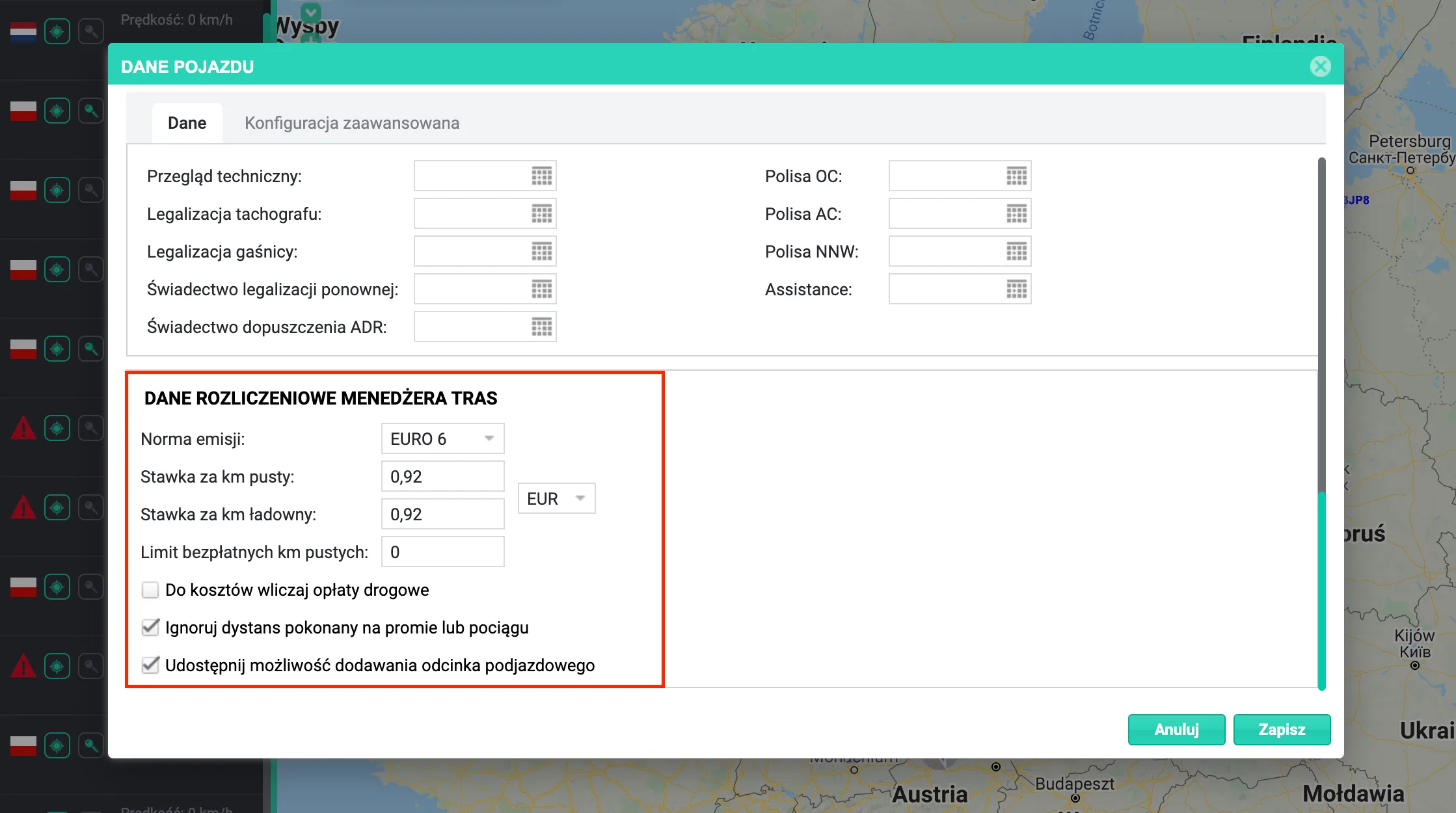 Rate settings in the Route manager – screenshot of the Navifleet app