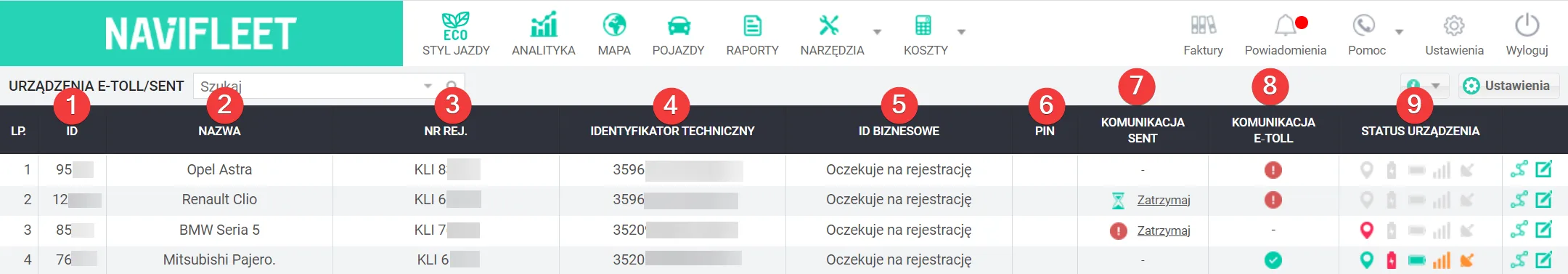 Checking the status of data transfer to e-TOLL – screenshot of the Navifleet app