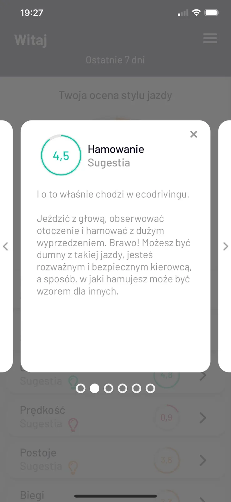 Driving style rating in the Navifleet Driver app – screenshot