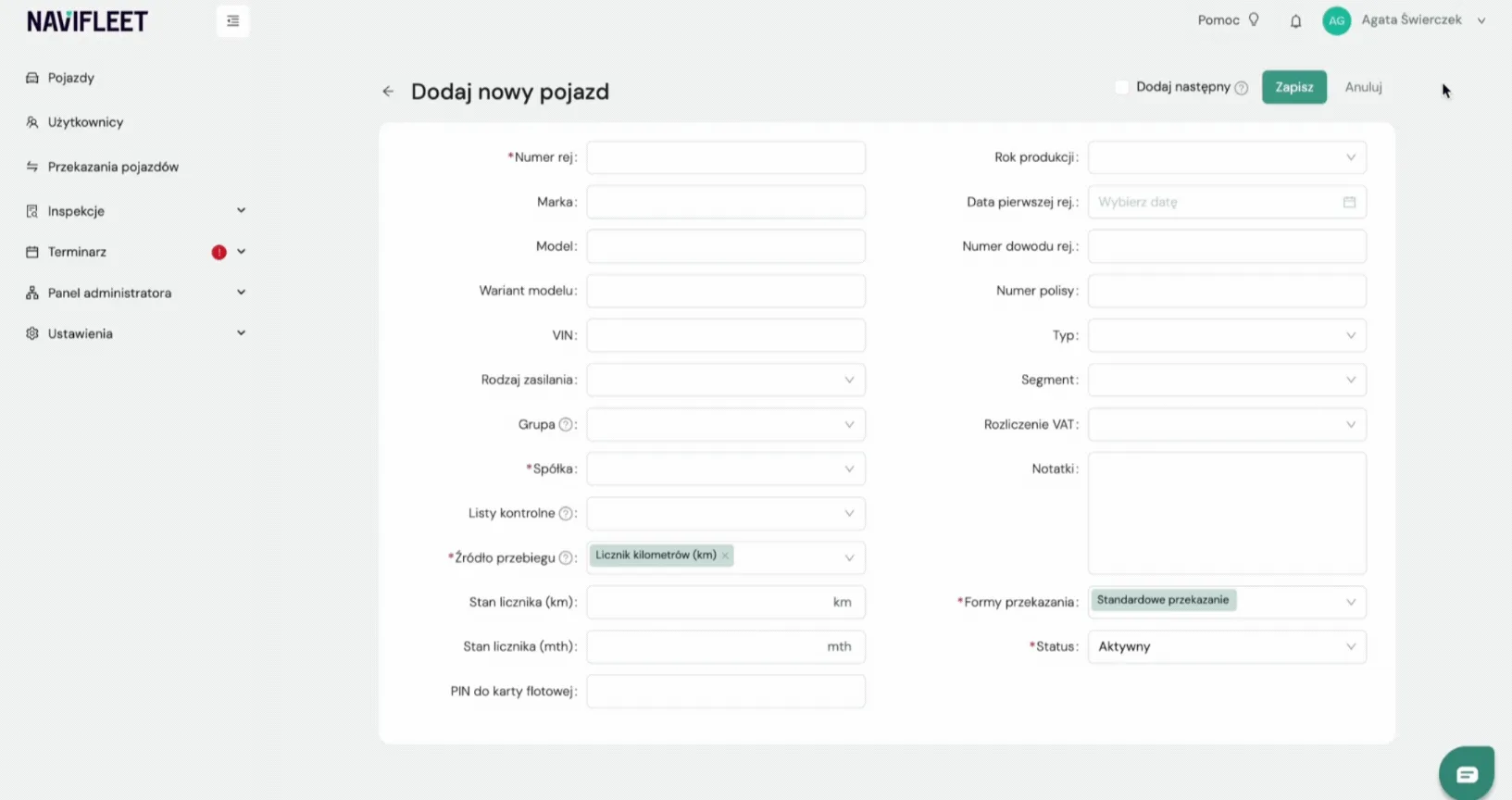 Selecting the mileage source when adding a vehicle – screenshot of the Navifleet app