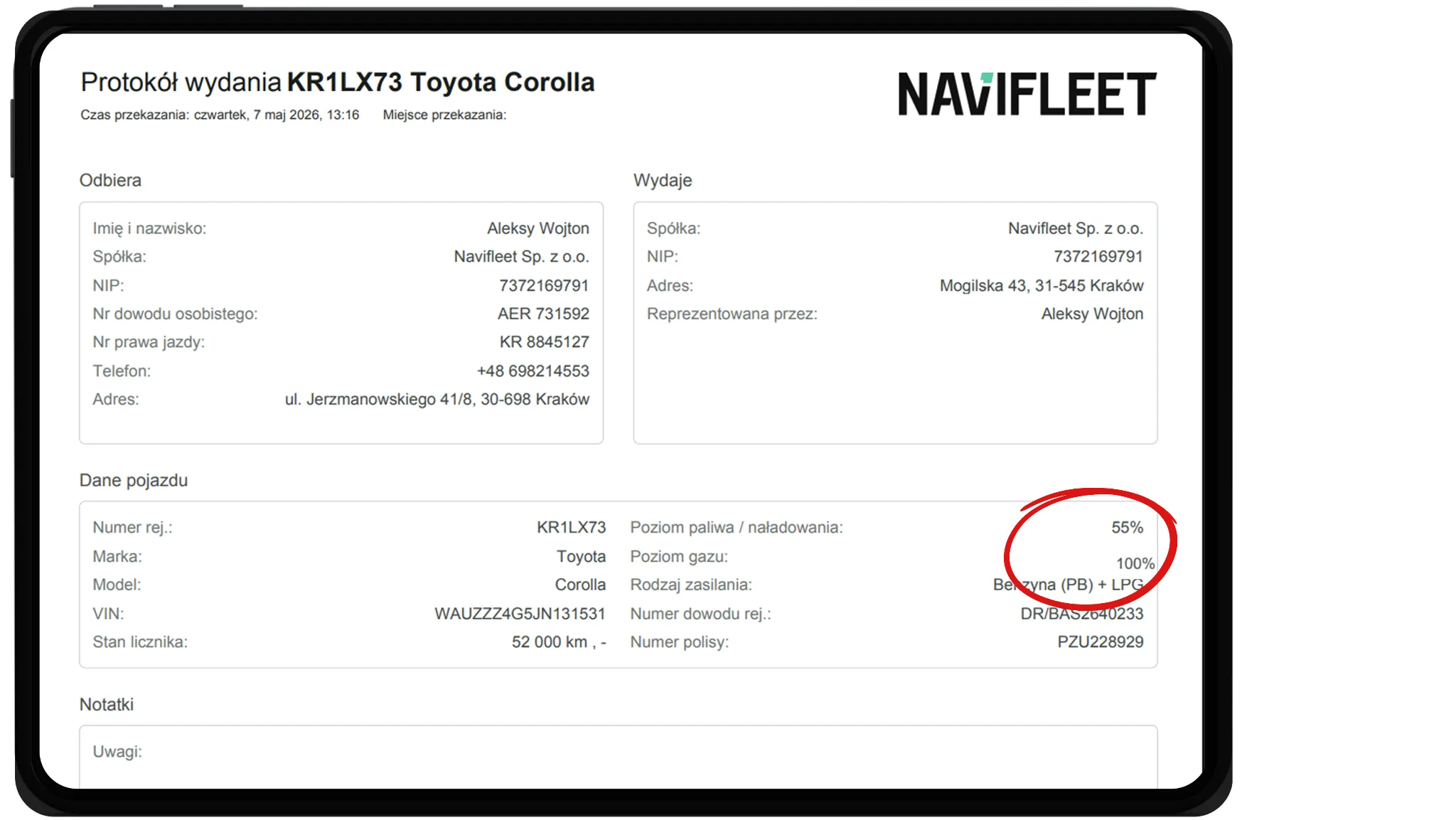 Showing the gas level in the handover report – screenshot of the Navifleet app