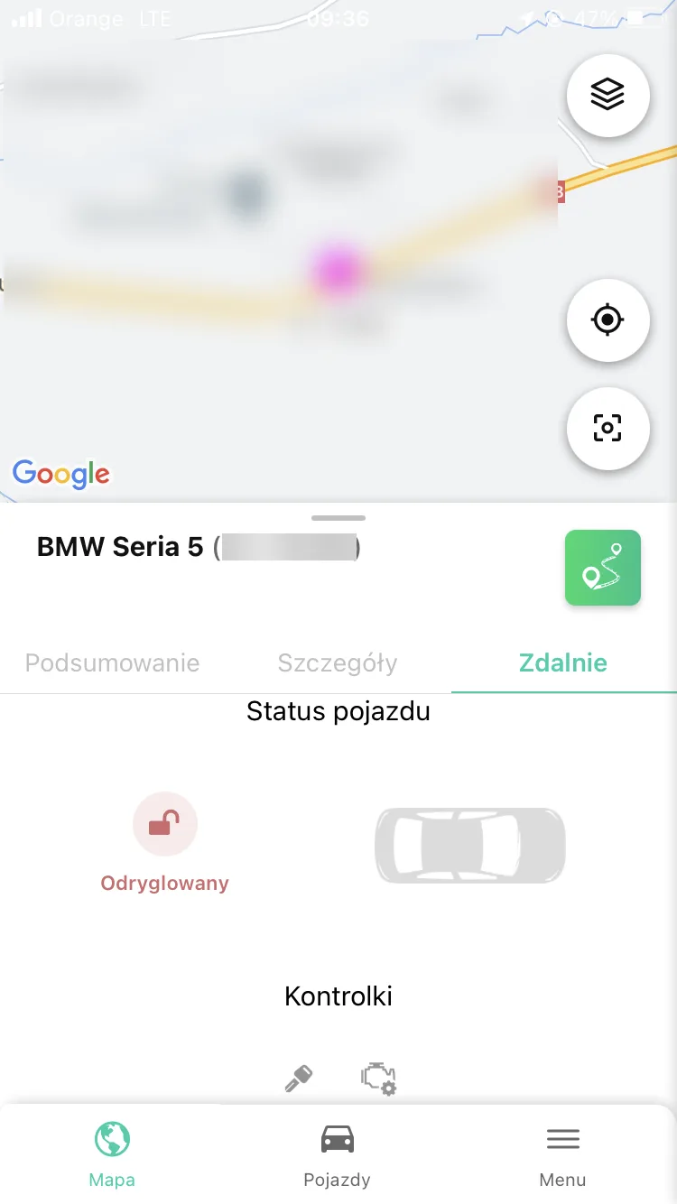 Remote immobiliser control in the Navifleet mobile app – screenshot