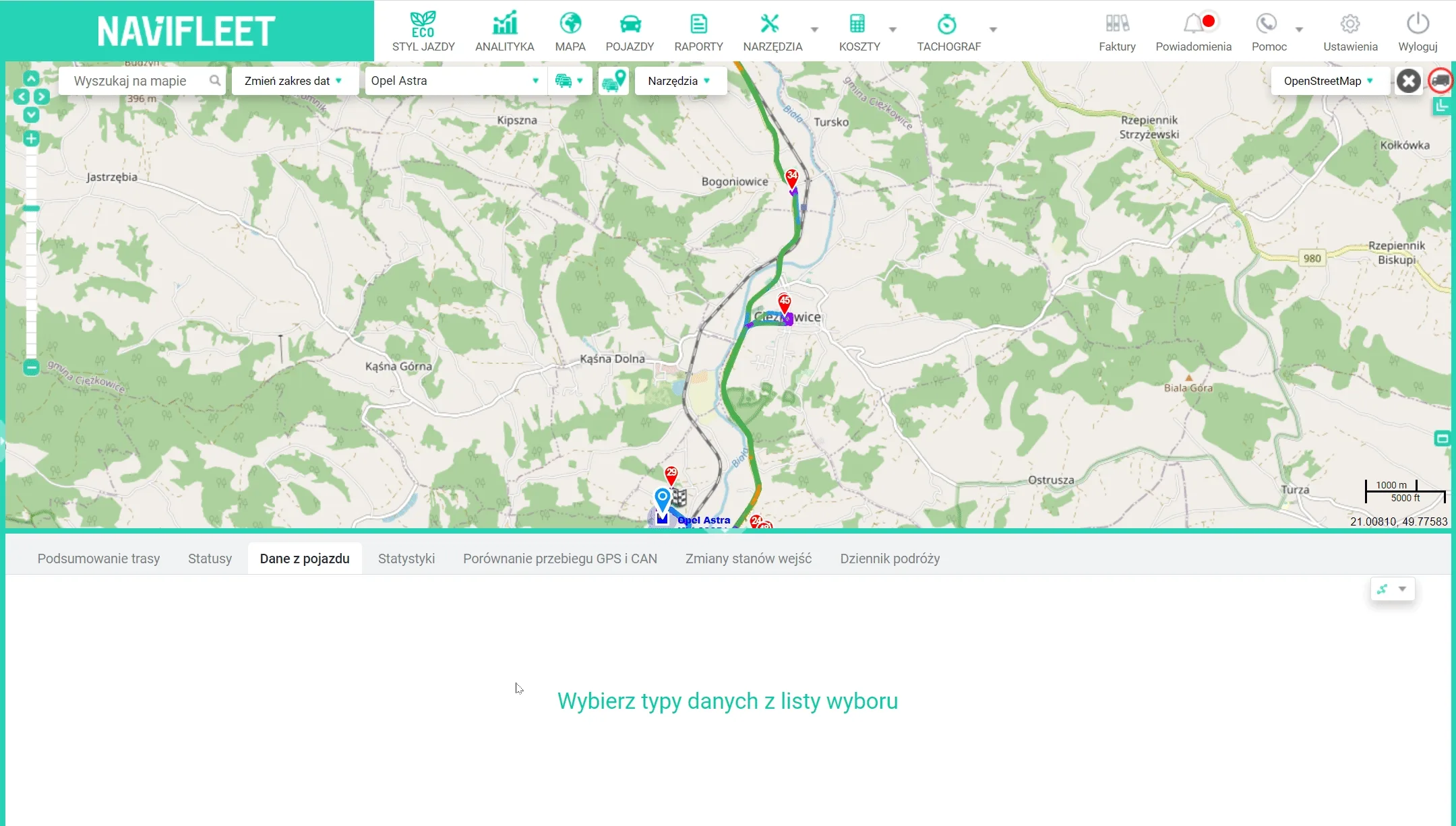 Route history – screenshot of the Navifleet app