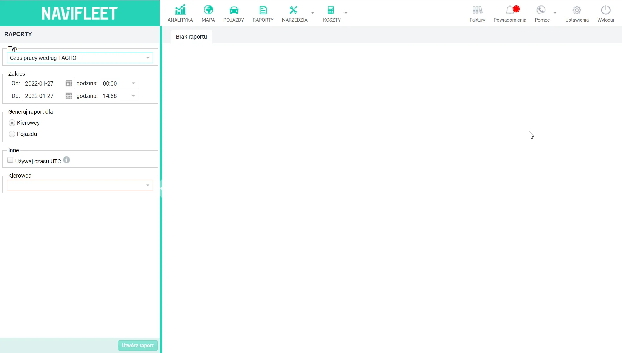 How to generate the working time report according to TACHO? – screenshot of the Navifleet app