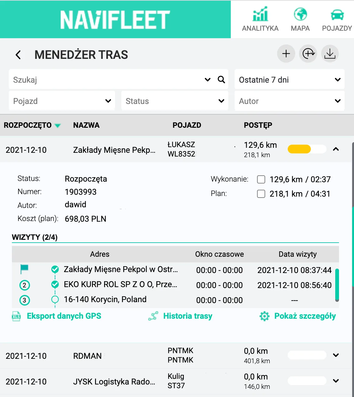 Monitoring route progress – screenshot of the Navifleet app