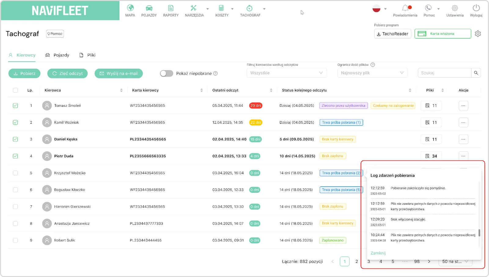 Download event log – screenshot of the Navifleet app