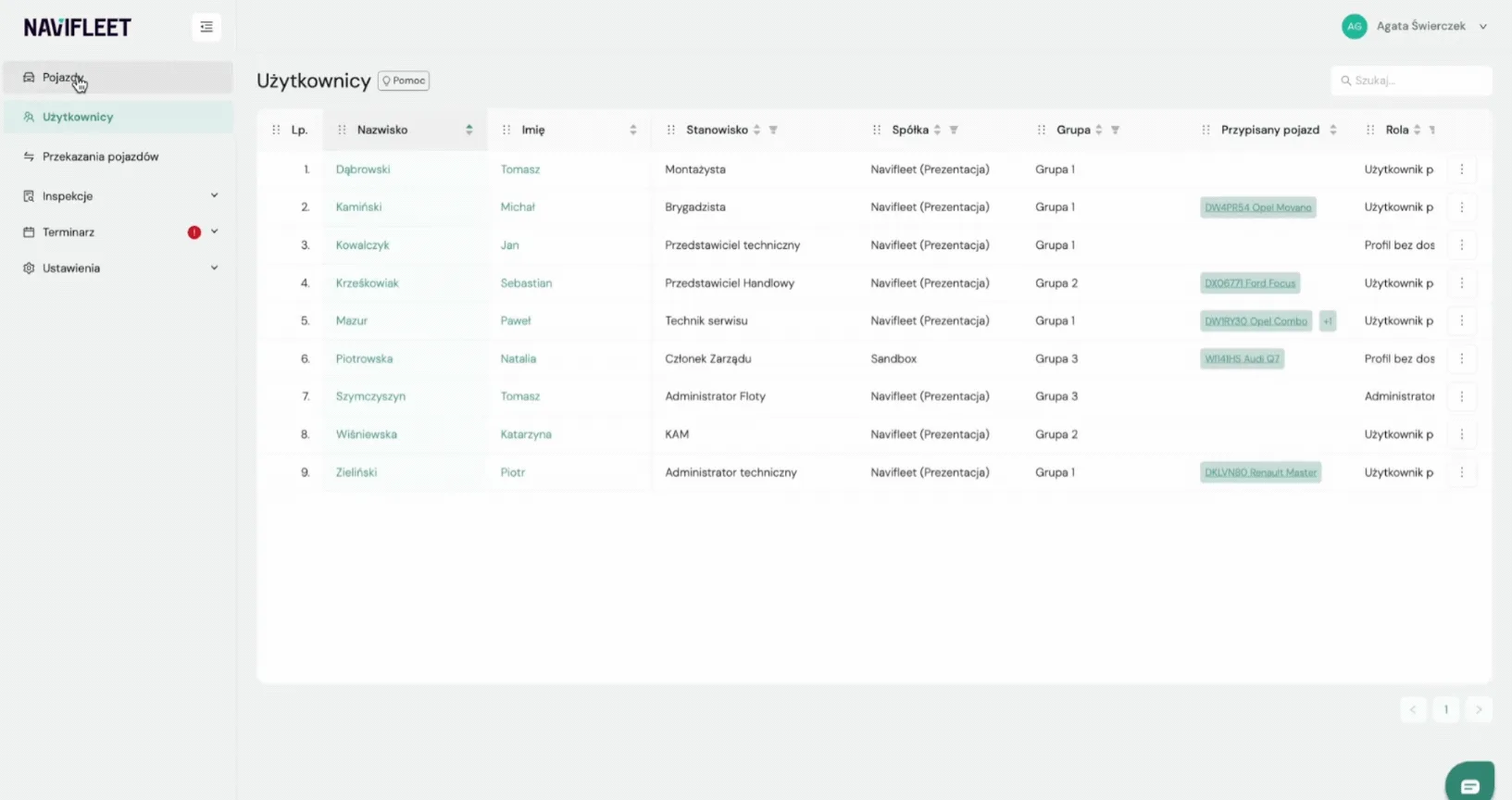 Exporting the vehicle list – screenshot of the Navifleet app