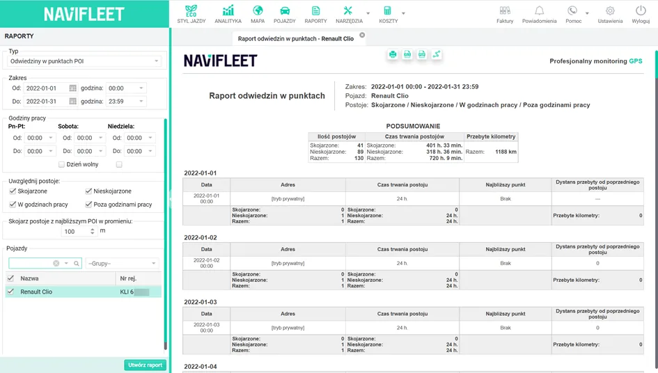 Private mode in the POI visits report – screenshot of the Navifleet app