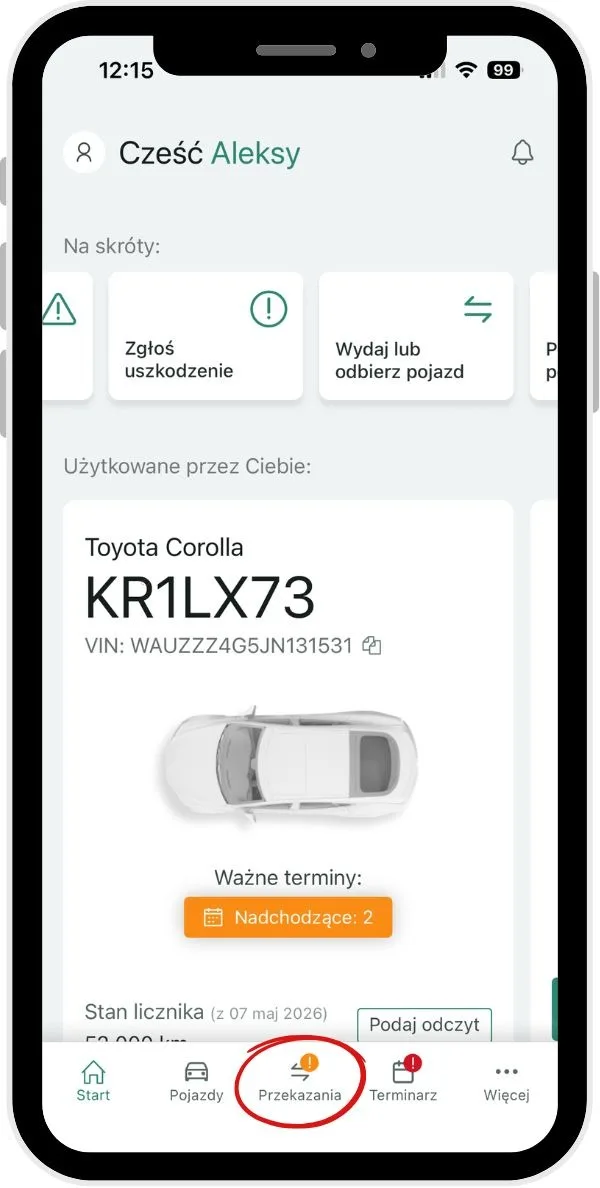 Completing a vehicle handover report – screenshot of the Navifleet app