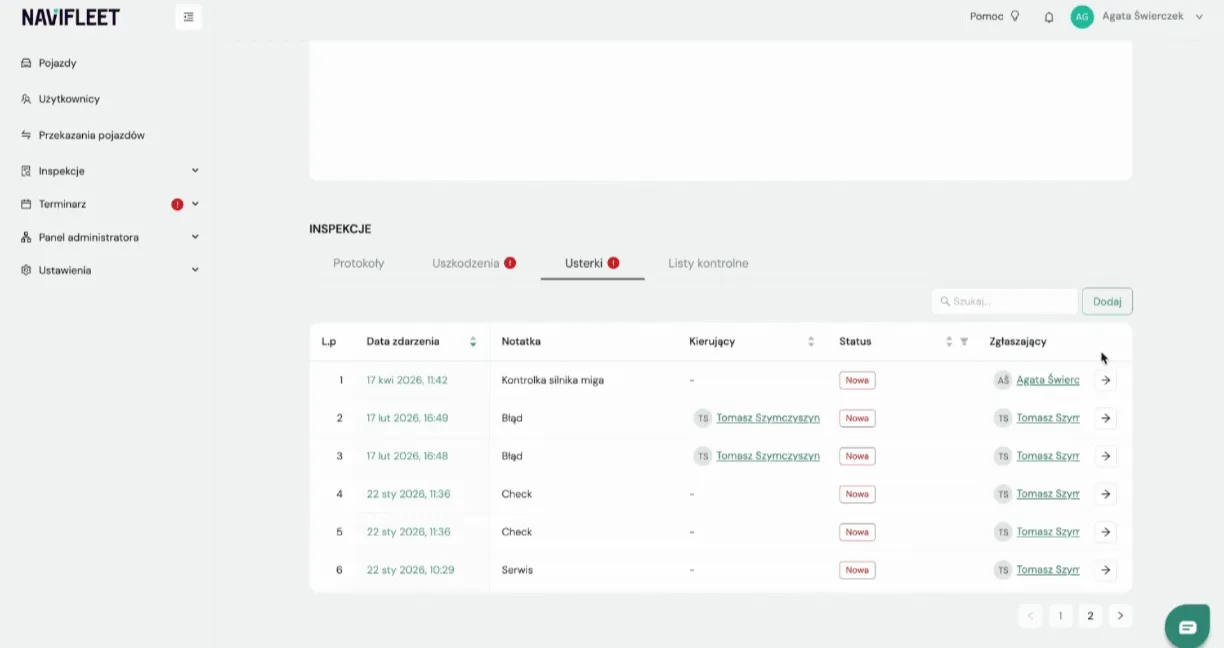 How to change a defect's status? – screenshot of the Navifleet app