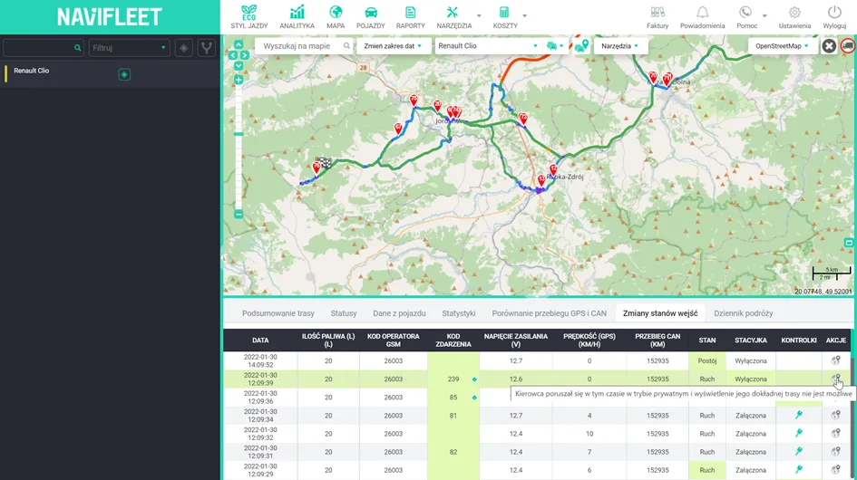 Route history in private mode – screenshot of the Navifleet app