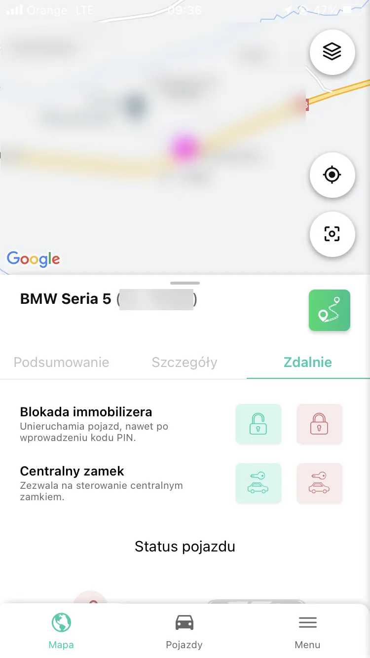 Remote immobiliser control in the Navifleet mobile app – screenshot