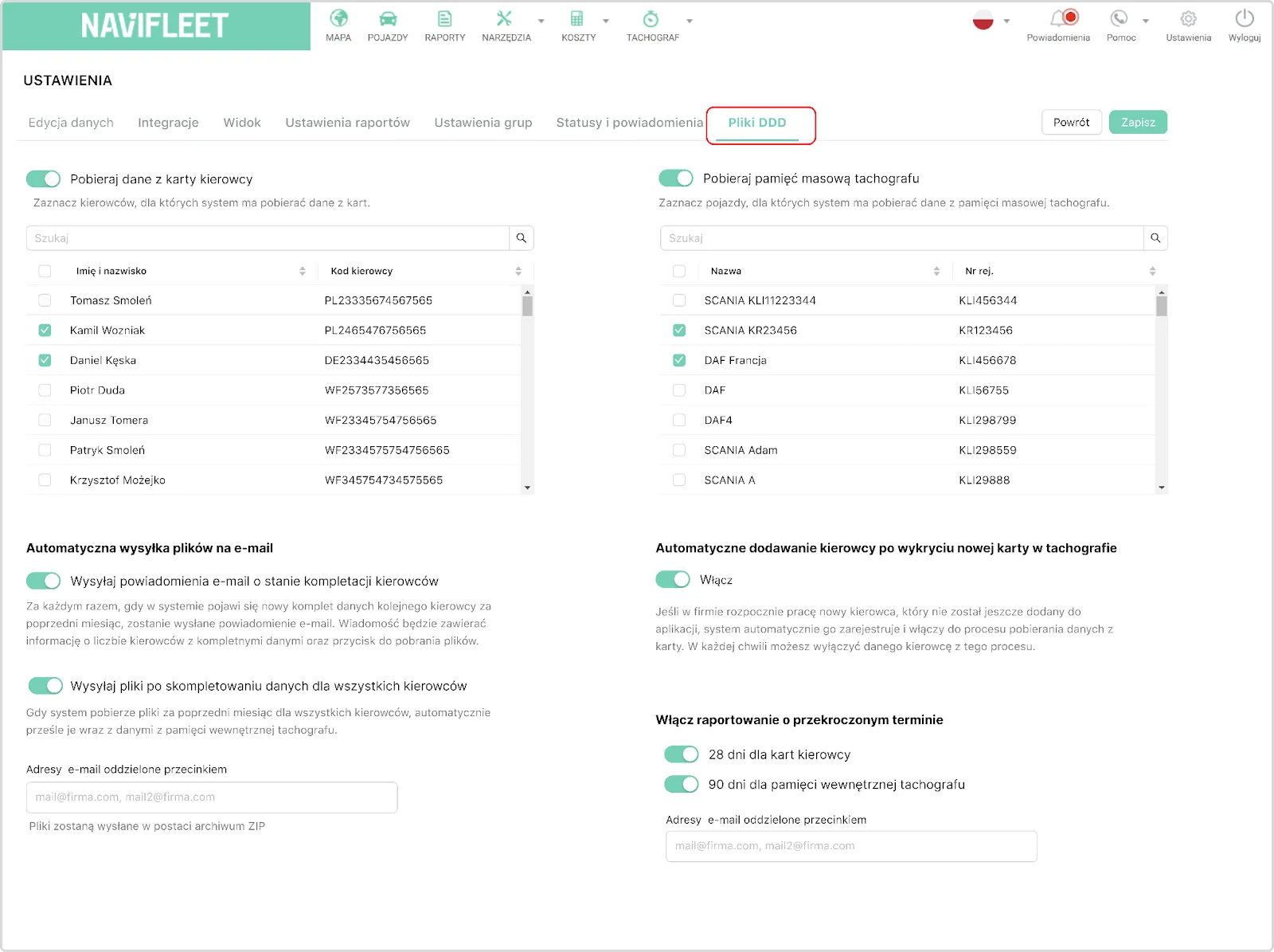Configuration in the Navifleet app – screenshot