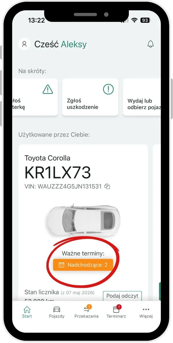 Scheduler of the vehicle in use – screenshot of the Navifleet app