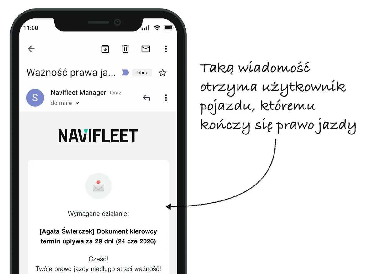 An example notification about the upcoming expiry of a driving licence: – screenshot of the Navifleet app