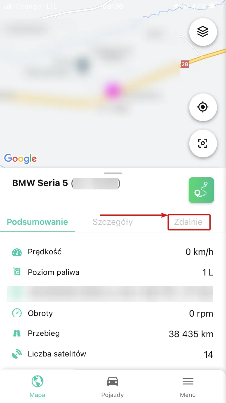 Remote immobiliser control in the Navifleet mobile app – screenshot