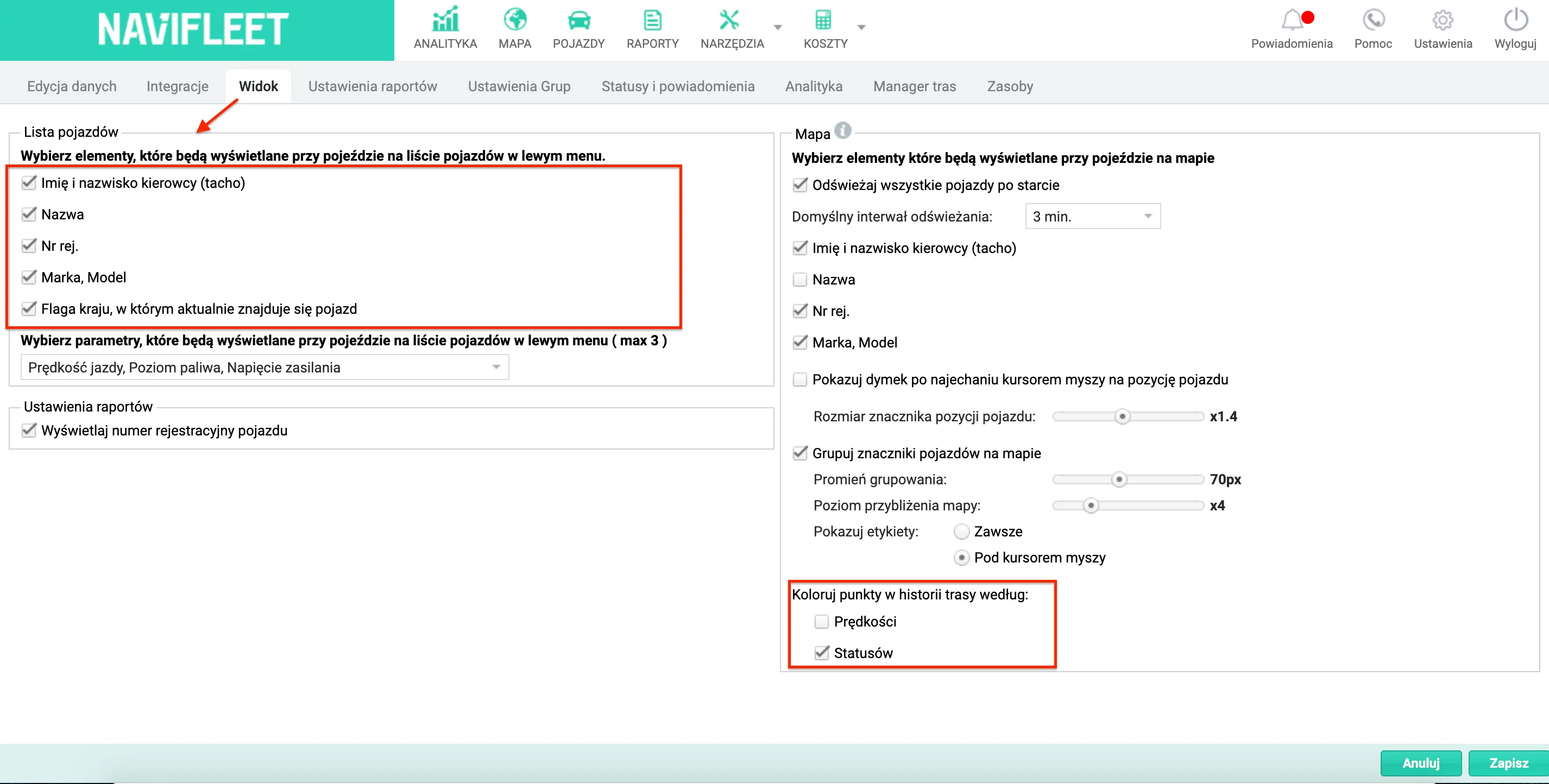 How to set how vehicle data is displayed on the vehicle list and on the map – screenshot of the Navifleet app