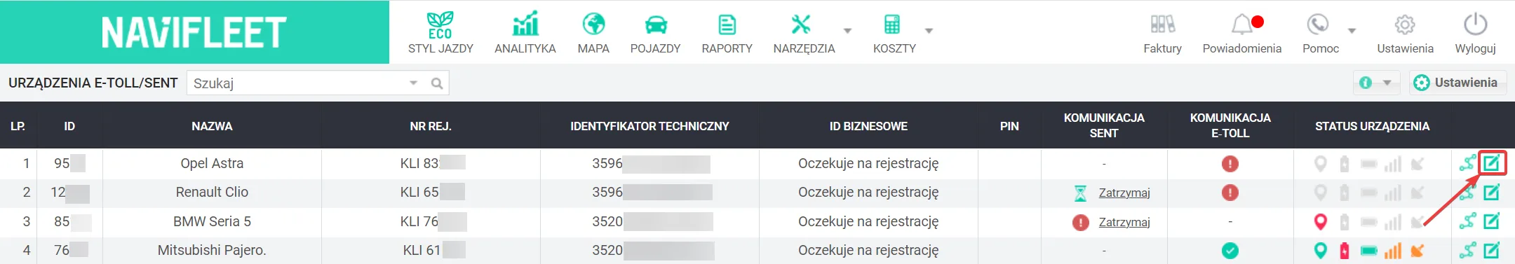 Editing data – screenshot of the Navifleet app