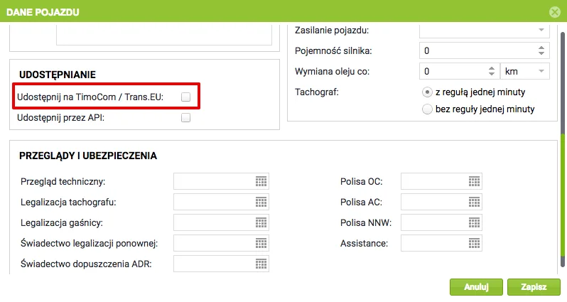 Navifleet system panel where the integration with freight exchanges can be activated