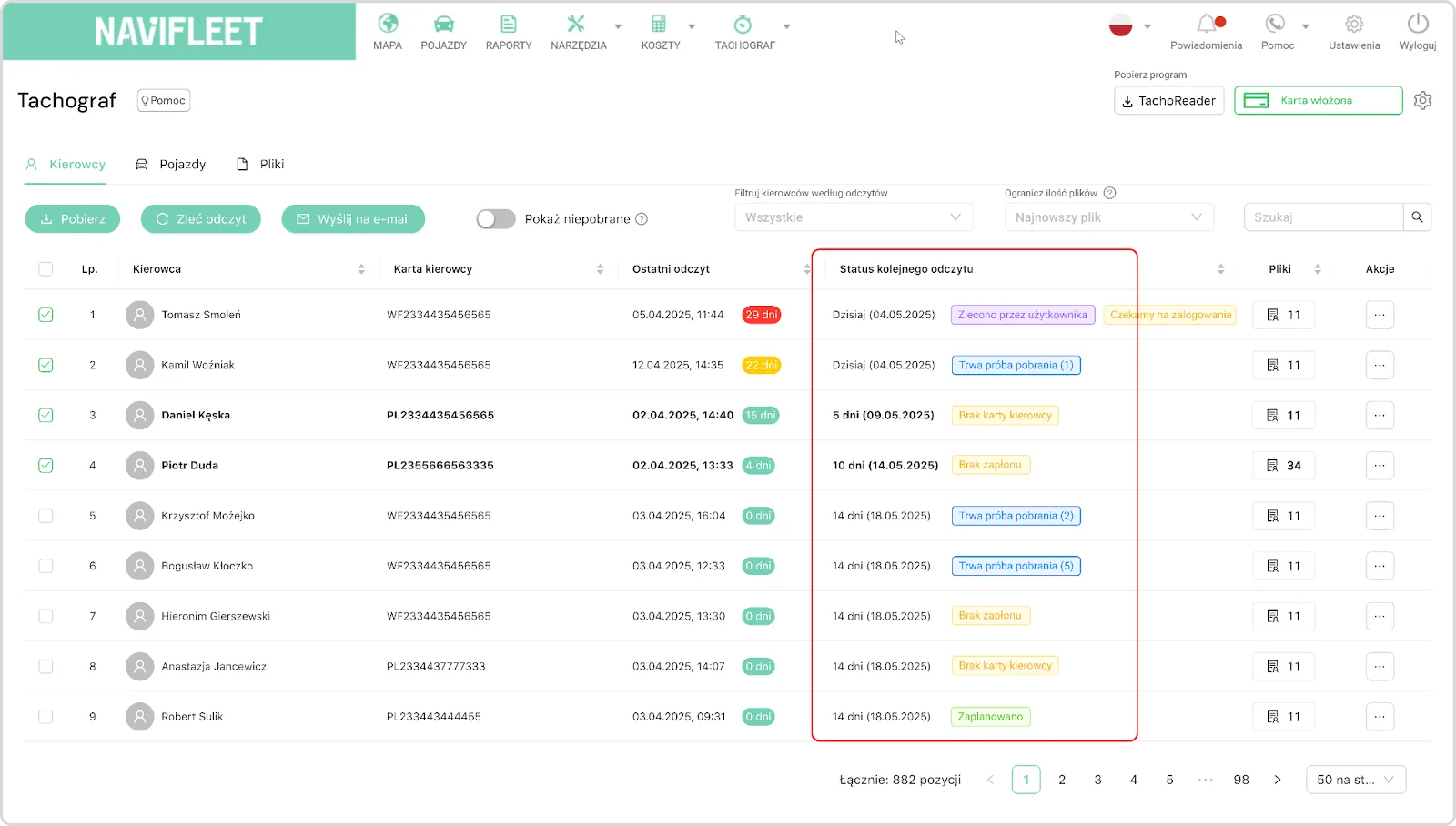 Checking the download status – screenshot of the Navifleet app