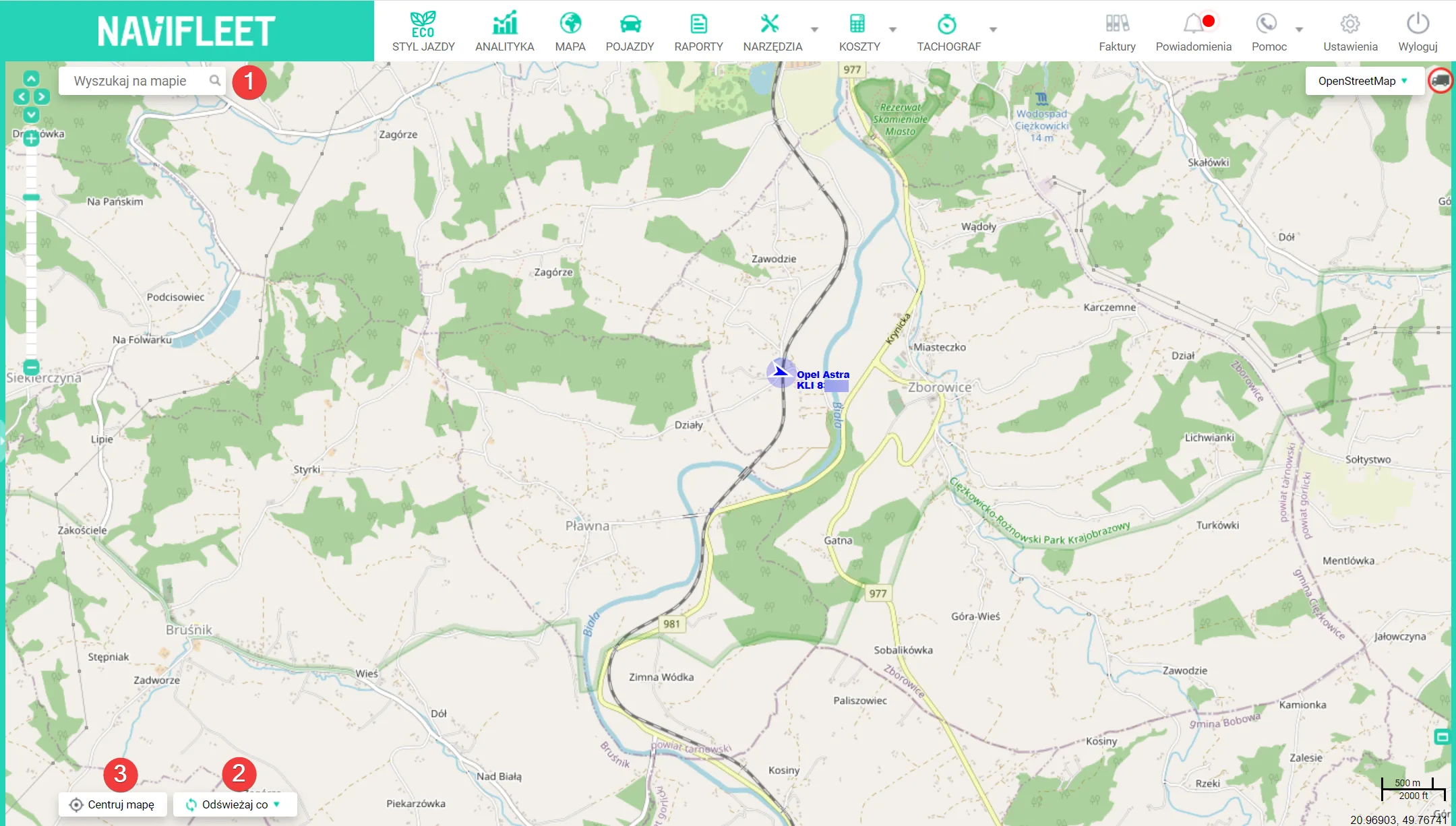 Online location – screenshot of the Navifleet app