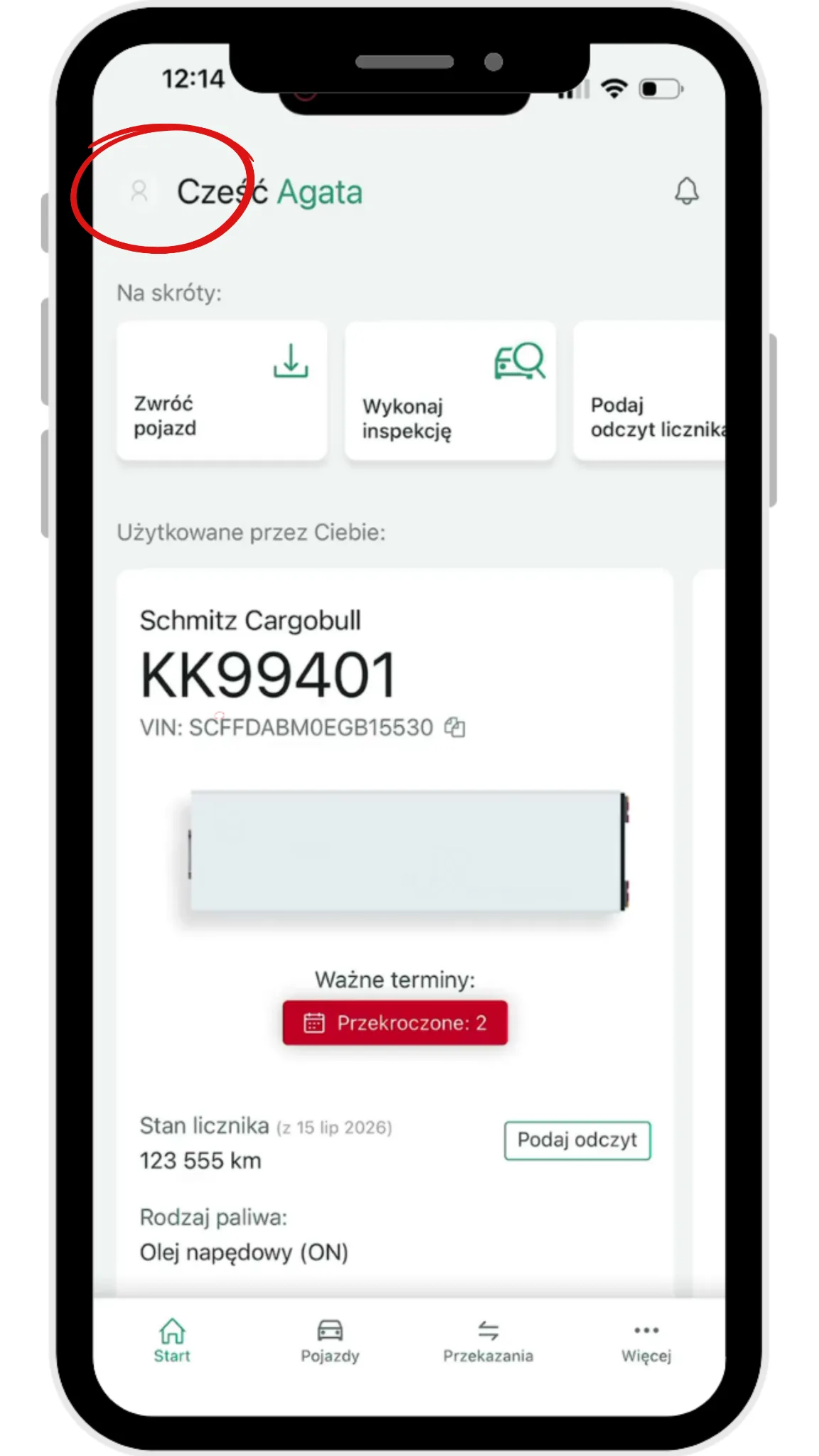The driver receiving the vehicle: – screenshot of the Navifleet app