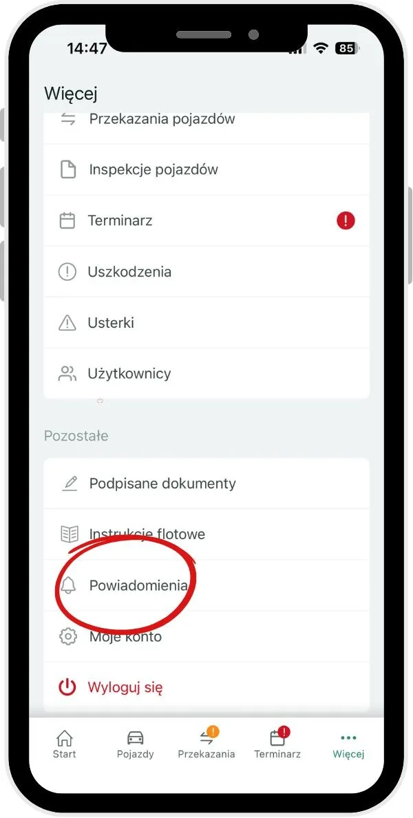 Notifications – screenshot of the Navifleet app