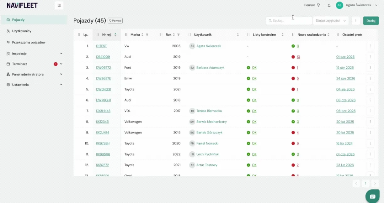 Exporting the vehicle list – screenshot of the Navifleet app