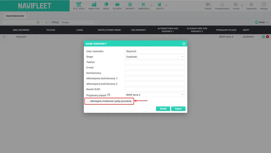 Switching private mode on/off – screenshot of the Navifleet app