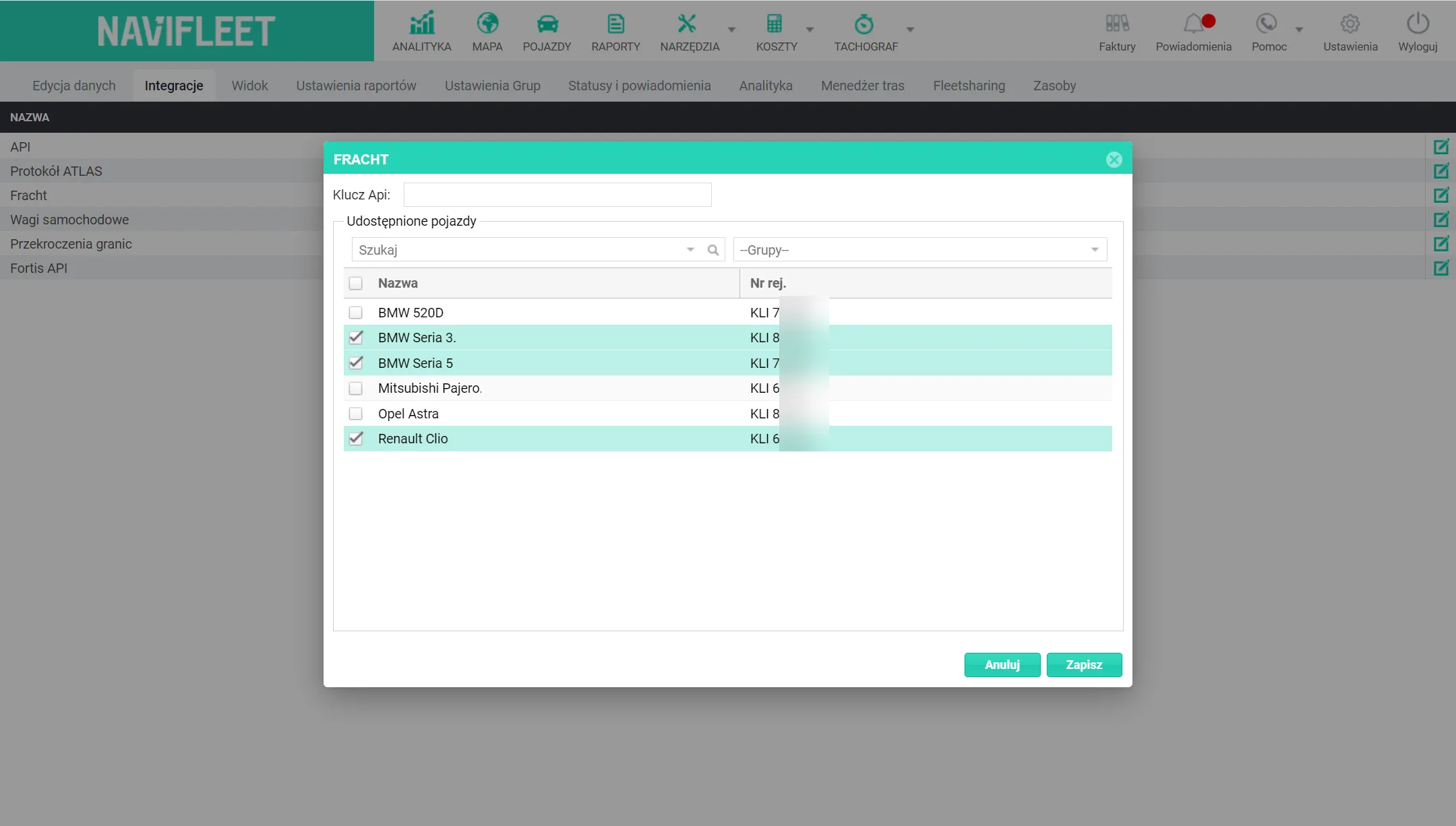 Fracht.lv integration – screenshot of the Navifleet app
