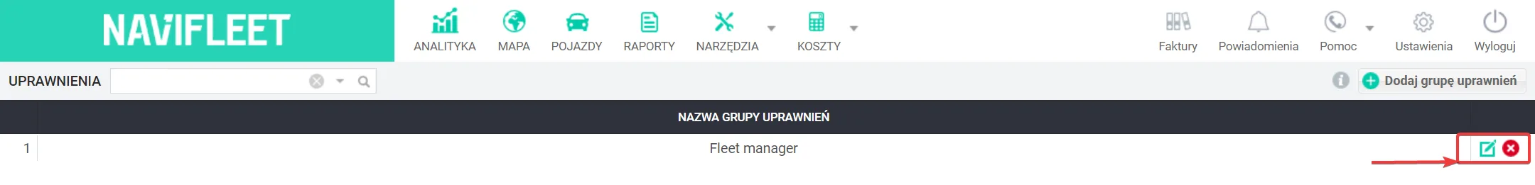 Creating permission groups – screenshot of the Navifleet app
